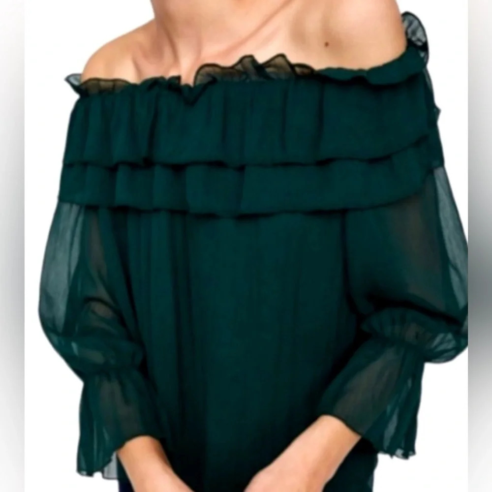 Zara basic XS forest green off shoulder ruffle top